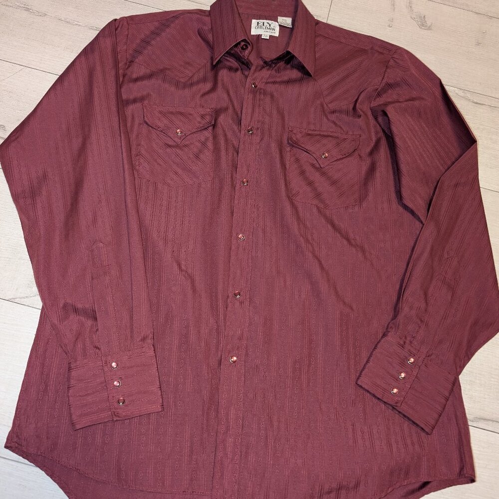 Vtg Ely Cattleman Burgundy Pearl Snap Western Cowboy  Shirt Mens L 16 1/2 - 35